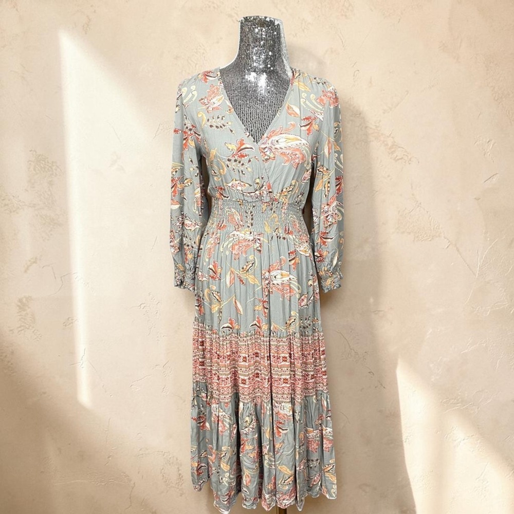 Aura Sage Green Boho Floral Maxi Dress Smocked Tiered Long Sleeve Small Party